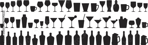 Assortment of Drinkware and Beverage Bottles Silhouettes on White Background glass
