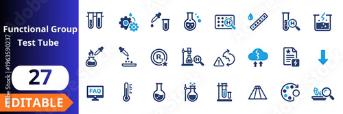 Laboratory test tube flat icons set. chemistry research, lab equipment, glassware tools, scientific analysis, experiment process, medical testing, science symbols, education icons