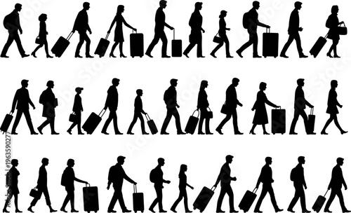 Black silhouettes of diverse people of various ages and genders walking with luggage on white background