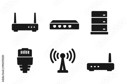 Network equipment icon set solid black icon set vector illustration
