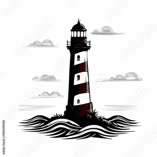 Lighthouse standing tall on rocky shore.