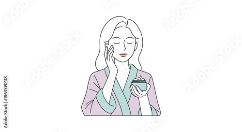 Woman applying skincare with pink and blue tones in minimalist line art for beauty advertising