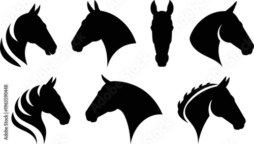 Collection of Black Horse Head Silhouettes in Profile and Front View Keywords: horse, silhouette, head, profile, front view
