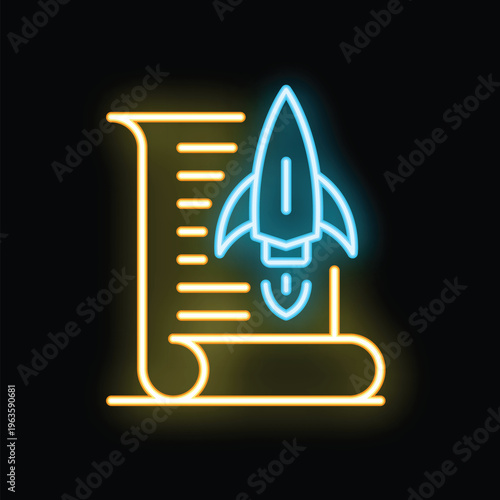 Neon rocket launching from a document representing a successful business startup and its quick ascension
