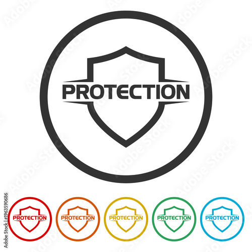 Protection shield icon. Set icons in color circle buttons