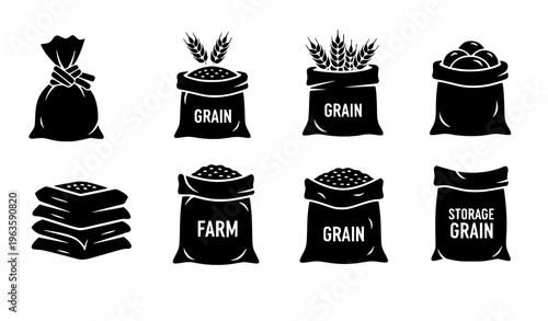 Farm grain sack icons agricultural harvest bag vector set