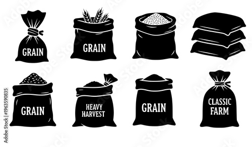 Grain sack farmer bag silhouette agriculture storage vector set