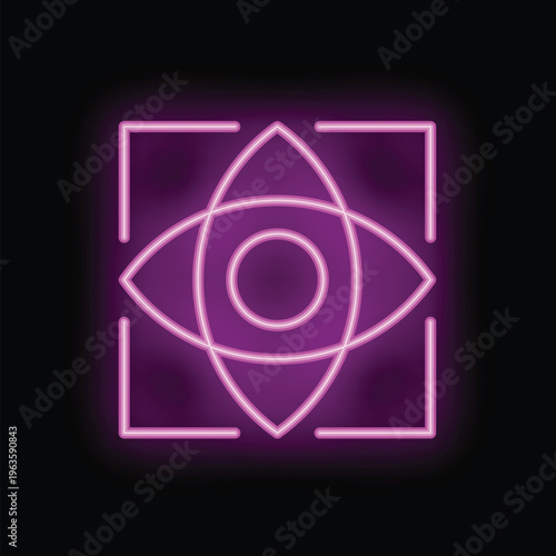 Vibrant pink neon light is forming an all seeing eye symbol inside a square, glowing on a black background