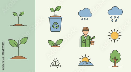 Collection of Environmental and Gardening Icons on a Light Green Background