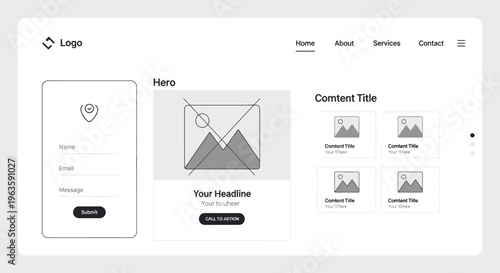 Website Wireframe Mockup Demonstrating UI UX Design on an Isolated White Background