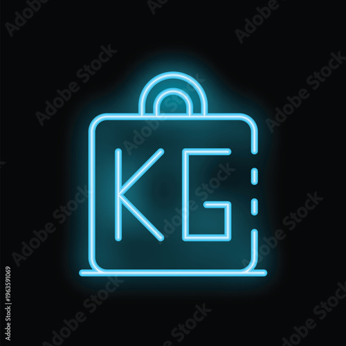 Blue neon sign showing a weight icon in kilograms on a black background