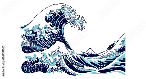 Traditional Japanese Ukiyo-e Style Illustration of a Large Ocean Wave with Mount Fuji in the Background on an Isolated White Background