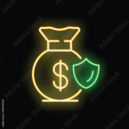 Neon sign of a money bag being protected by a shield, representing the concept of financial security