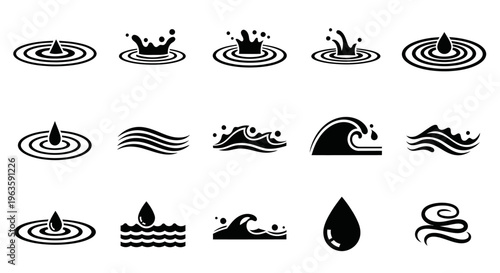 Comprehensive set of black water ripple, splash, wave, and drop icons, isolated white background.