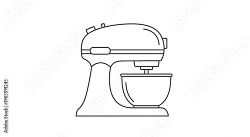 Outline drawing of a kitchen stand mixer with a bowl and whisk, isolated white background.