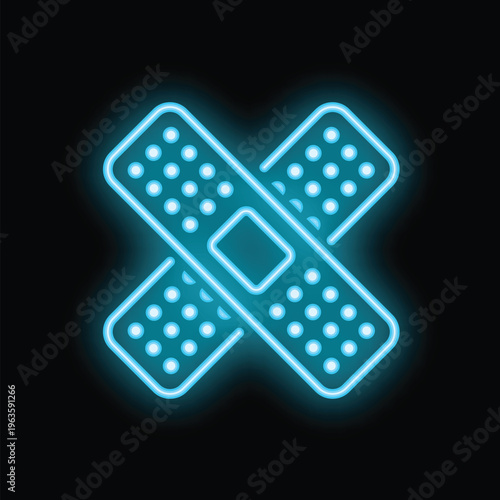 Blue neon icon of two adhesive bandages making a cross glowing on black background
