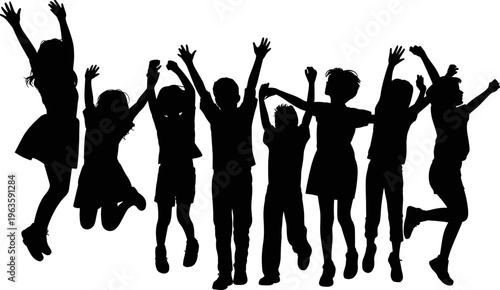 Silhouettes of happy children jumping with arms raised on a white background vector illustration