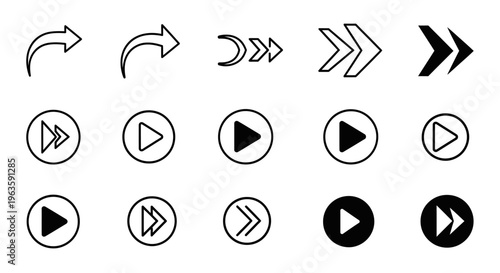 Comprehensive Set of Black Navigation and Media Control Icons with Arrows and Play Buttons in Outline and Solid Styles on an Isolated White Background