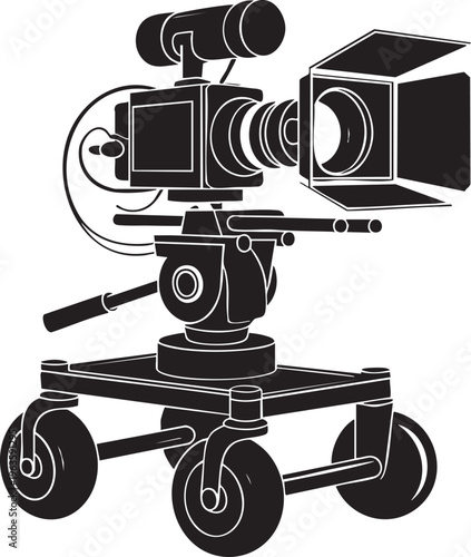 Professional movie camera on dolly in black and white illustration for film production