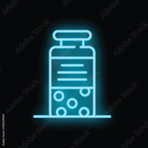 Bright blue neon sign of a jar full of pills glowing against a dark background