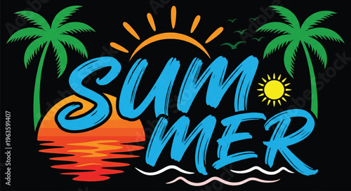 Summer typography art with palm trees and sunset background for tropical travel blog headers and seasonal social media content