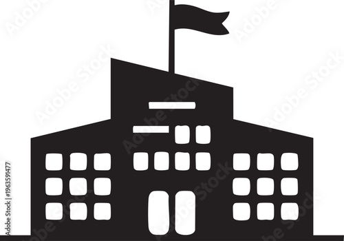 Government building silhouette in simple flat design with flag on top in black and white for architecture or politics