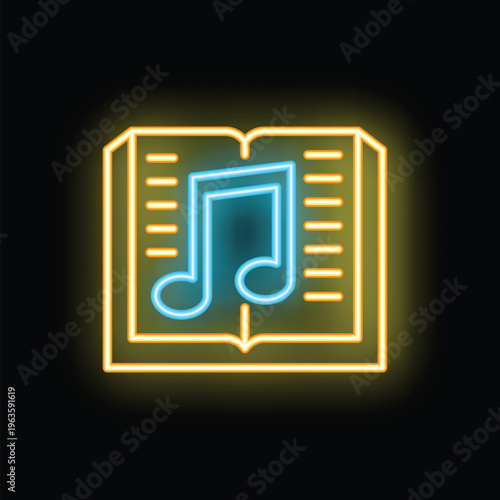 Glowing neon icon of an open book with musical notes, representing a songbook or music education