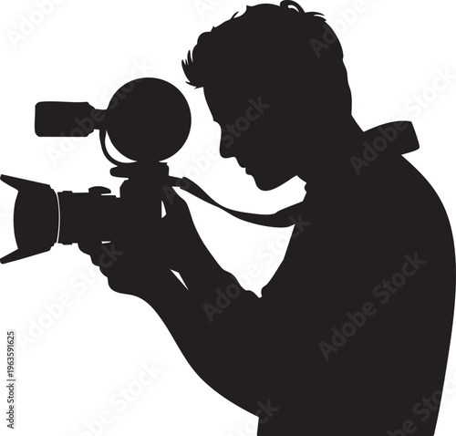 Silhouette of man holding camera with flash in dark dramatic lighting for photography