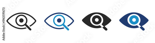 Eye search icon set, magnifier and vision symbols, find, zoom, scan and inspection concept, outline, glyph and solid vector collection, interface and ui elements on transparent background