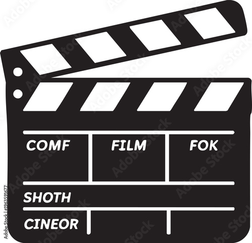 Black movie clapperboard on white background in simple graphic style with bold lines and flat colors for film production