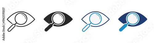 Eye search icon, magnifier with eye, vision and visibility symbol, zoom and focus concept, minimal outline and solid vector illustration on transparent background