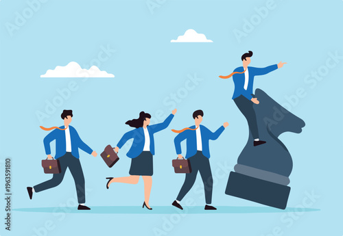 Flat illustration of businessman rides chess knight leading team with courage and confidence towards business victory