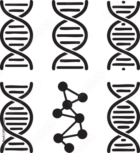 DNA double helix molecular structure in black line art on white background for science education