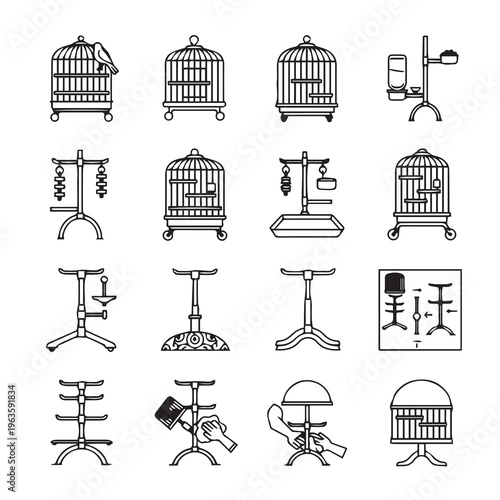 Bird Cages and Stands Collection: Various Designs Perches and Accessories for Avian Companions Line Art Style