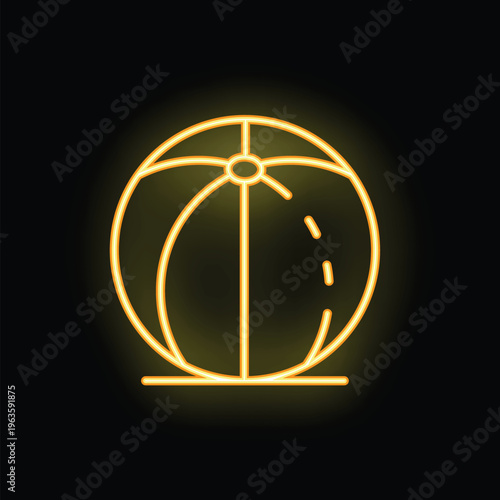 Bright yellow neon sign representing a beach ball glowing on a dark background