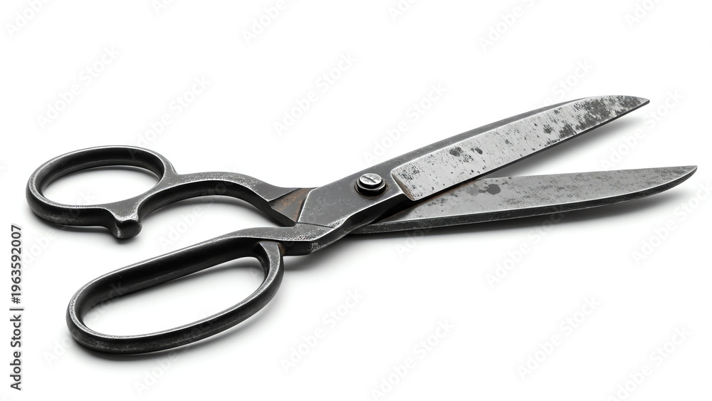 Fototapeta premium Scissors a Pair of Old Vintage Rusty Metal Tailors Cutting Tools on a Plain White Background
