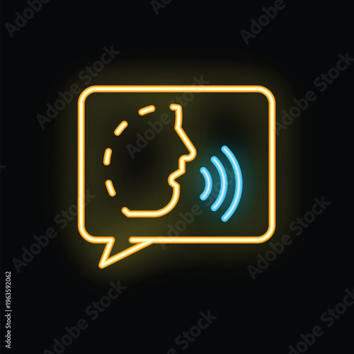 Glowing neon speech bubble with a speaking man's profile inside, perfect for a podcast or audiobook app
