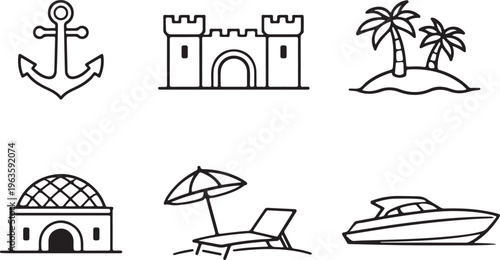 Castle and Beach Travel Line Illustration