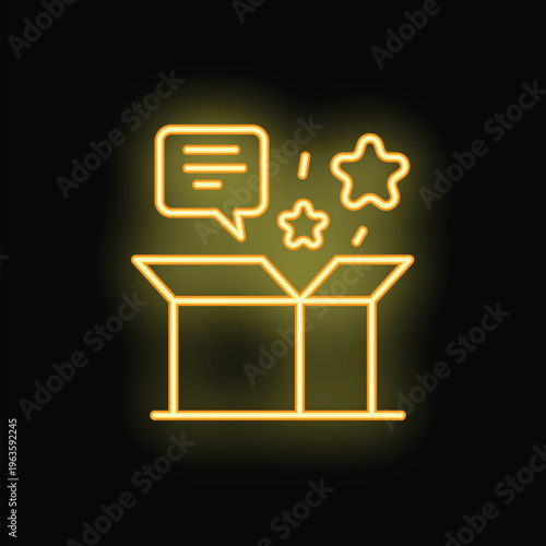 Neon icon of an open cardboard box releasing stars and a chat bubble