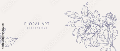 Luxury line art background with hand drawn flowers. Vector vintage design with a bouquet of flowers, branches, leaves for card, branding, wedding invitation, cover, wallpaper, save the date