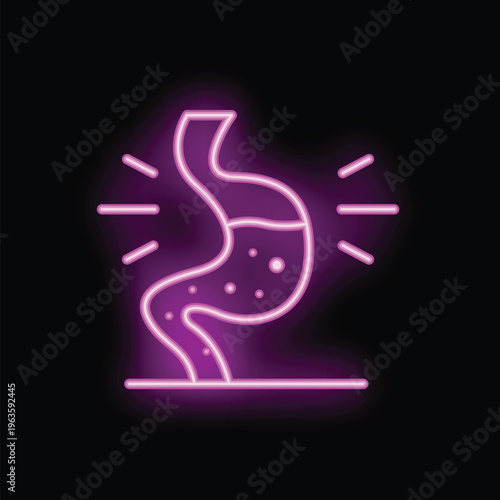 Neon icon of a stomach with gastritis symptoms, isolated on a black background