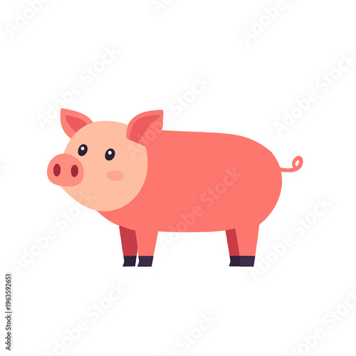 Cartoon Pink Pig Illustration Isolated, Cute Farm Animal Character, Happy Swine Mascot, Smiling Funny Face, Flat Vector Design on White Background, Livestock Icon, Children's Book Illustration