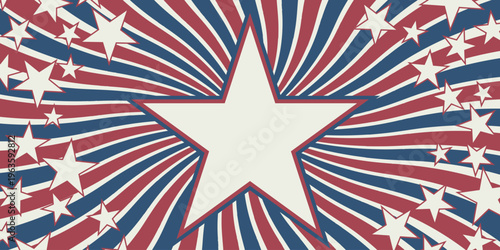 Patriotic vintage background with central star and red blue radial rays Scattered stars. USA themed design perfect for Independence Day, celebrations, posters, banners, festive graphics Copy space