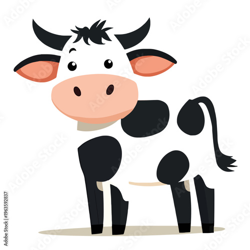 Cartoon Cow Vector Illustration. Farm Animal Character. Cute Spotted Cow, Black and White Calf Mascot Smiling on Isolated Background. Vector Design Elements. Dairy Cow Breed Character