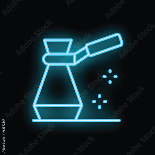 Neon sign of turkish coffee pot pouring coffee in cup on black background