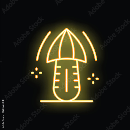 Neon sign showing mushroom growing under heat lamp on black background