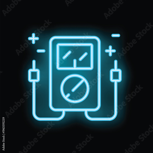 Blue neon icon of a multimeter measuring voltage with test leads on a black background