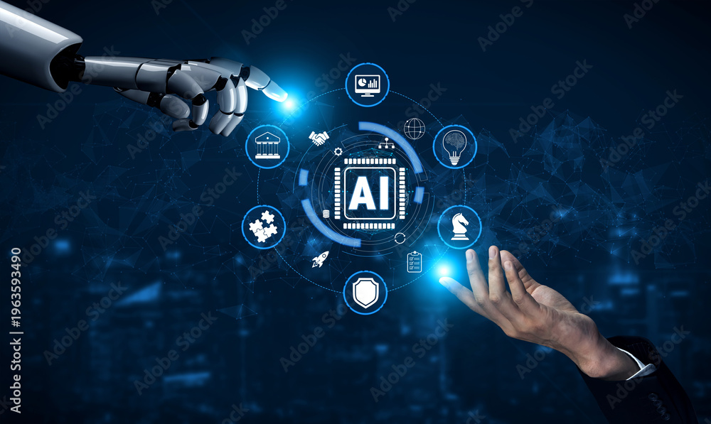 Obraz premium Futuristic Interaction Between Human Hand and Robot Arm Symbolizing Collaboration in Artificial Intelligence Development and Innovation Quark.