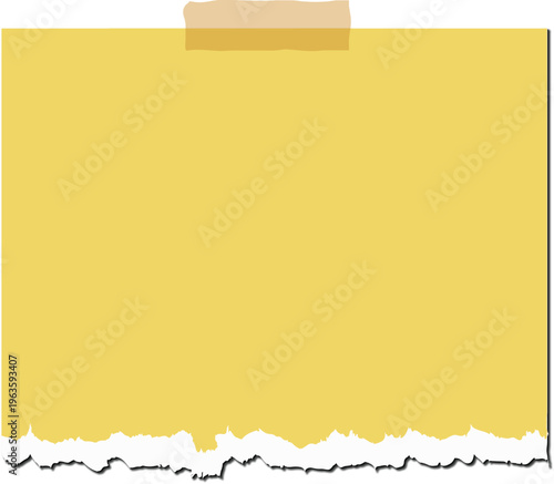 Yellow sticky note torn paper with tape realistic top detail, Ripped memo paper sheet isolated with rough uneven edge, Sticky paper element for reminder message and creative design.