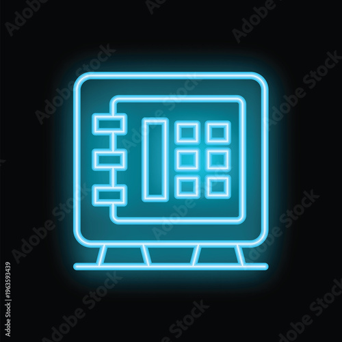 Blue neon safe deposit box glowing on black brick wall, concept of security and finance